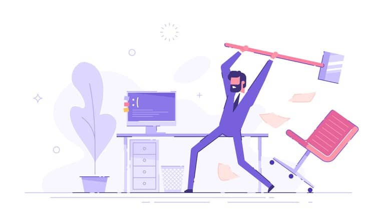 Furious office worker is destroying his own personal computer by hammer.  Hard work. Angry businessman cartoon character. Modern vector illustration.  | Edexec