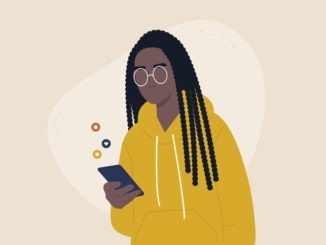 Mobile technologies, young black female character scrolling social media newsfeed on their smartphone, generation z lifestyle