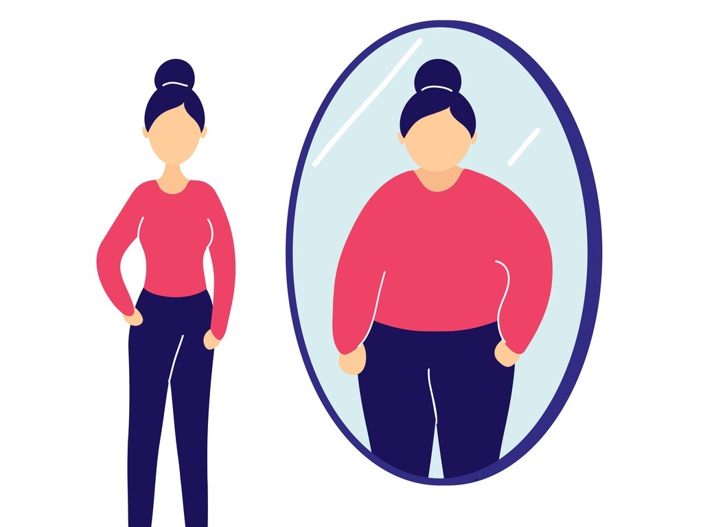 Slim woman seeing herself fat in mirror vector id1142896266 Edexec