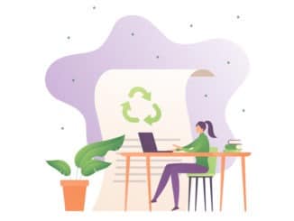Ecology business concept. Vector flat people illustration. Female sitting at table and laptop on document background with recycle sign. Design element for banner, poster, background, web, infographic.