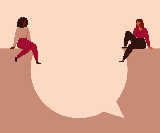 Women say concept. Young strong girls sit on a big speech bubble and look at each other.