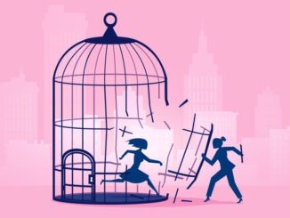 Vector of a woman escaping birdcage being helped by businesswoman