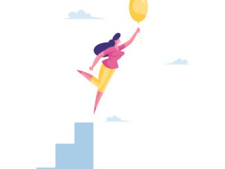 Businesswoman Character Flying with Air Balloon in Air. Inspiration, Progress and Creative Solution Concept. Business Woman Adventure, Career Growth and Escaping Crisis. Cartoon Vector Illustration