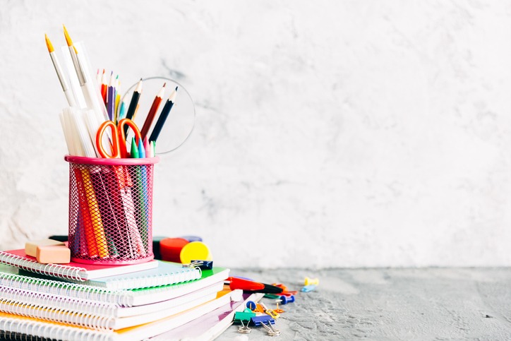 School and office supplies. Stationery on white background.
