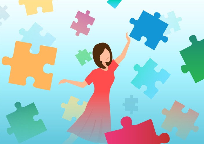 Vector of a confused sad woman trying to assemble puzzle pieces. Psychotherapy concept.