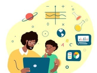 Online Education for Children.Father and Son Student Kid Study,Homework,Tutor Teacher.Lesson in Laptop with Family.Digital Learning.Home Schooling.Coach Help Pupil in Internet.Flat vector illustration