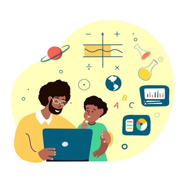 Online Education for Children.Father and Son Student Kid Study,Homework,Tutor Teacher.Lesson in Laptop with Family.Digital Learning.Home Schooling.Coach Help Pupil in Internet.Flat vector illustration