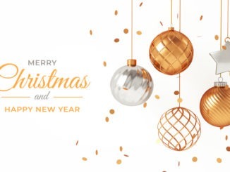 Merry Xmas and happy new year white background with golden hanging balls and text. Christmas elegant banner or flyer in 3D illustration.
