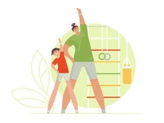 Sport family. Mother and daughter lead a healthy lifestyle and are engaged in fitness and sports. Vector illustration in a flat style