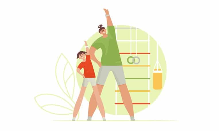 Sport family. Mother and daughter lead a healthy lifestyle and are engaged in fitness and sports. Vector illustration in a flat style