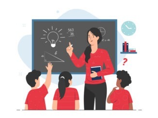 Teacher giving lesson to her students in classroom. Teaching concept illustration