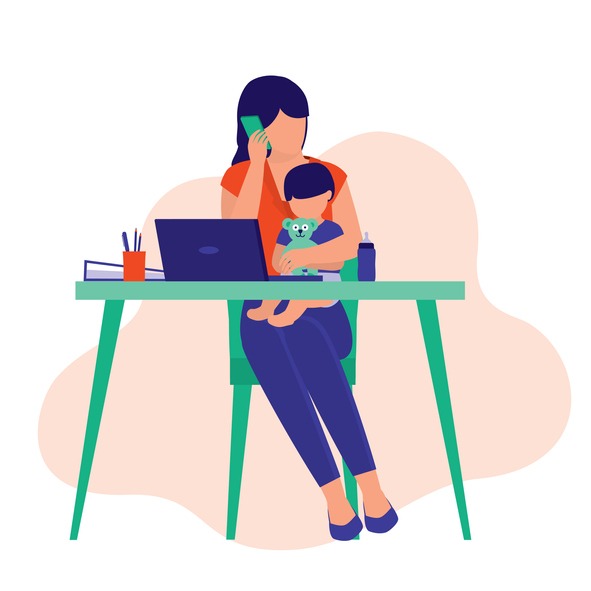 Busy Housewife And Businesswoman Working From Home. Business And Parenting Concept. Vector Illustration Flat Cartoon.