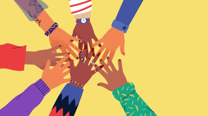 Diverse young people hands on isolated background. Teenager hand group high five celebration or friend community concept. Flat cartoon illustration of men and women arms.
