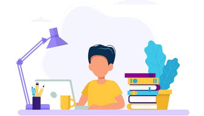 Boy studying with computer and books. Back to school, online education concept vector illustration in flat style