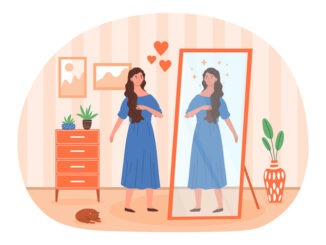 Woman looks at reflection in mirror. Metaphor for positive personality traits, mental development, self love and individual