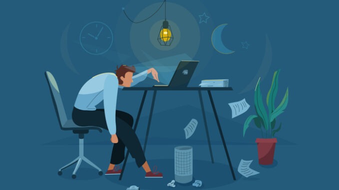 Burnout concept vector background. Tired man sitting on an office chair and trying work at the computer. Nighttime. Business