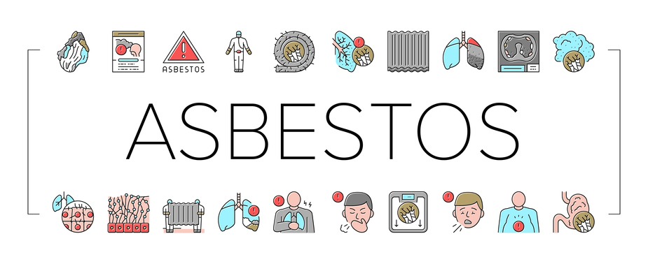 Asbestos Material And Problem Icons Set Vector. Asbestos Removal Service And Protection, Lung And Abdominal Pain Mesothelioma Health Disease, Painful Coughing Symptom Color Illustrations