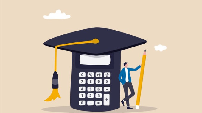 Student loan calculation, education budget allocation, university expense and debt pay off or scholarship payment concept, graduated student standing with mortar board hat calculator.