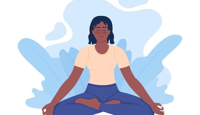 Positive young woman meditating in lotus pose 2D vector isolated illustration