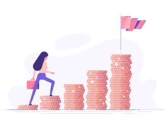 Business woman is climbing stairs from stacks of coins toward his financial goal. Personal investment and pension savings concept. Modern vector illustration.