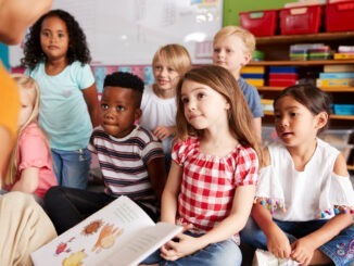 Group Of Elementary School Pupils Sitting On Floor Listening To Female Teacher Read Story
