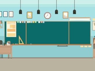 School classroom with chalkboard. Study class with blackboard and teachers desk