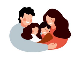 Parents and children embracing together and smile. Happy Stable family of four members father, mother, son and daughter. Cute cartoon characters isolated on white background