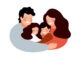 Parents and children embracing together and smile. Happy Stable family of four members father, mother, son and daughter. Cute cartoon characters isolated on white background