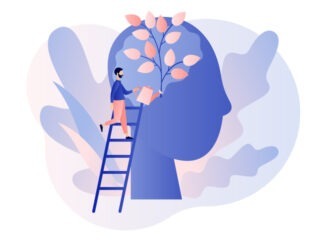 Personal growth. Tiny man watering that growing plant from the brain as metaphor growth personality. Self-improvement and self development concept.