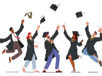 Group of Male and Female Characters in Graduation Gowns and Caps Rejoice, Jumping and Cheering Up Happy to Get Diploma