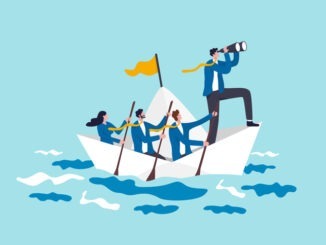 Leadership to lead business in crisis, teamwork or support to achieve target, vision or forward strategy for success concept, businessman leader with binoculars lead business team sailing origami ship