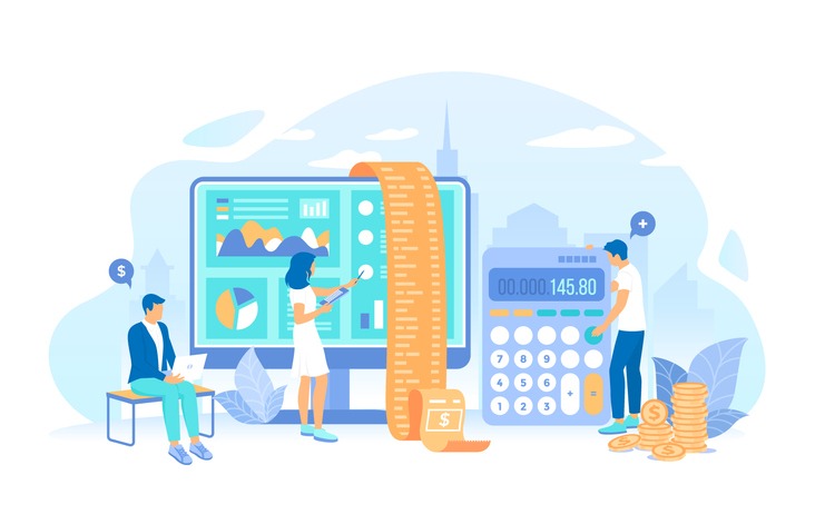 People work with documents, invoice, bill. Calculation, bookkeeping, economic audit, financial analysis, tax accounting, bill payment. Working process, teamwork communication. Vector illustration