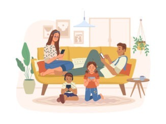 Parents and kids addicted to smartphones and gadgets. Vector woman on sofa with phone, kid listening to music with headphones. Leisure and relax at home, virtual reality and connection via internet