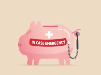 Emergency fund backup plan for crisis time, money or savings when losing job, accident or medical payment concept, pink piggy bank savings account with label in case of emergency and breaking hammer.