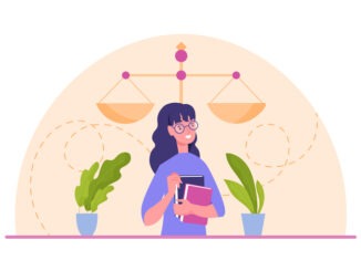 Legal decisions thinking. Girl with glasses and books stands against backdrop of scales. Jurisprudence and starting lawyer. Knowledge, education and selfdevelopment. Cartoon flat vector illustration