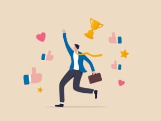 Appreciate high performance employee, good job or praising success staff, recognition or congratulation concept, cheerful success businessman with appreciation thumbs up applause, stars and trophy.