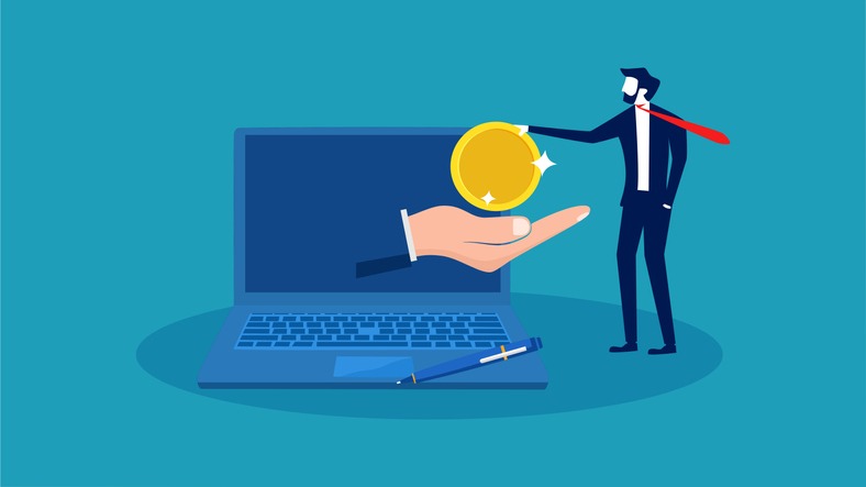 Pay online. businessman pays through a laptop computer. business concept vector illustration
