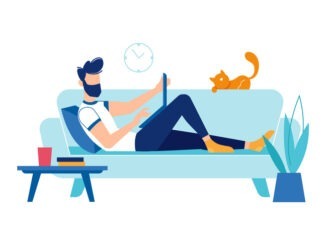 Freelancer on couch, man working from home. Isolated worker in online meeting, completing projects and tasks. Personage or character, vector in flat cartoon style