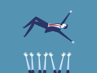 Business team throwing man into the air. Concept business vector illustration.