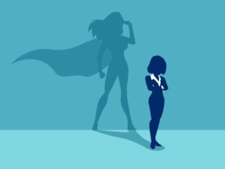 Vector of a strong business woman with a shadow imagining to be a super hero looking aspired.