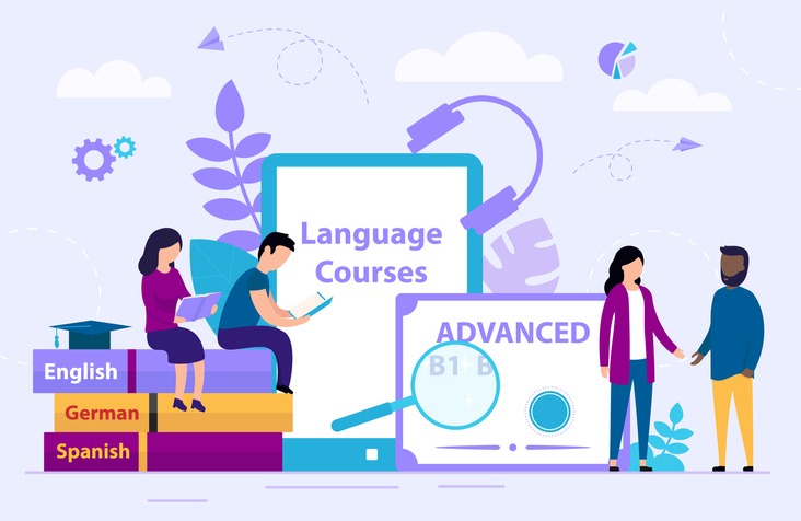 Language Courses Concept. Tiny People Are Learning Foreign languages online in a group. Webinar on learning foreign languages. Cartoon Flat Style. Vector illustration
