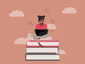 woman African with laptop on booksA young African American girl sits on a pile of books and uses a laptop. The concept of online learning and education, trainings. Pink background with clouds. Vector.