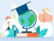 Educational tourism. Distance education. A globe with an academic cap stands on a book. Globalization of education. Happy tiny characters are learning remotely. Flat style. Vector illustration.