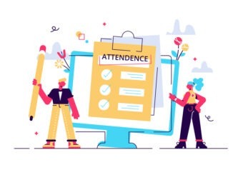 Attendance concept. Businessman near document clipboard