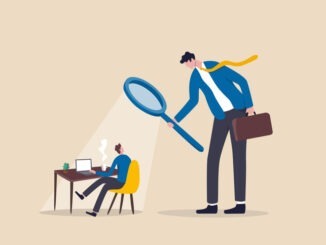 Micromanaging boss, toxic manager monitoring every details, excessive supervision and control of employee work and processes, micromanager boss using magnifying glass keep looking at employee working.