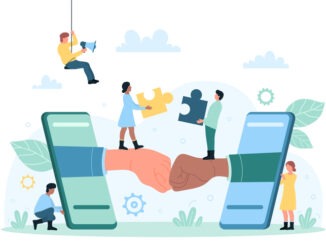 Business collaboration of employees, remote teamwork and partnership vector illustration. Cartoon hands from screen of mobile phones making fist bump on meeting, tiny people holding pieces of puzzle