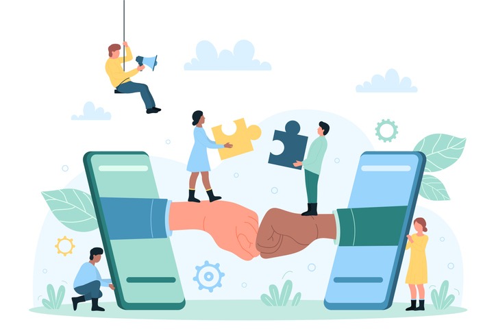 Business collaboration of employees, remote teamwork and partnership vector illustration. Cartoon hands from screen of mobile phones making fist bump on meeting, tiny people holding pieces of puzzle