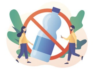 No plastic sign. Reduce pollution. Environmental concept. Tiny people against plastic garbage. Modern flat cartoon style. Vector illustration