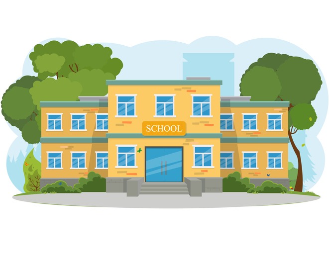 modern school building, the main entrance and front yard. vector illustration.