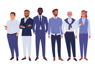 Vector illustration of diverse standing cartoon men in office outfits.